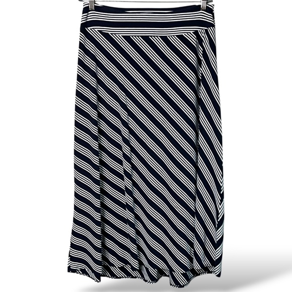TALBOTS Cotton Modal Blend Navy White Stripe Jersey Knit Midi Skirt Hi-Lo Hem L - Picture 1 of 8